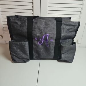 Thirty One Organizing Utility tote Bag Gray Monogram A Zipper Pockets Signature
